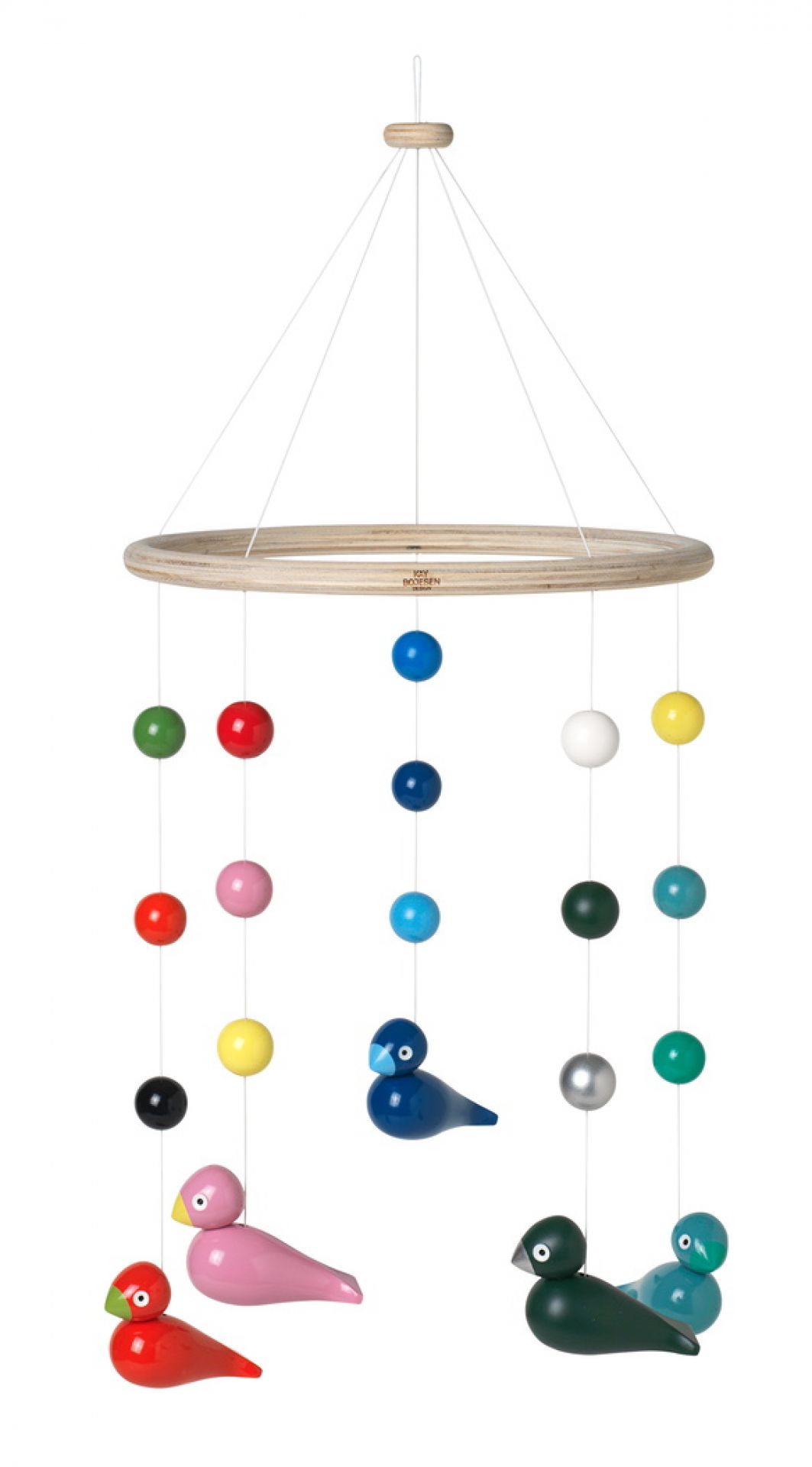 Uro Mobile von Kay Bojesen mit bunten Holzvögeln und Kugeln, ein dekoratives Mobile für Kinderzimmer.